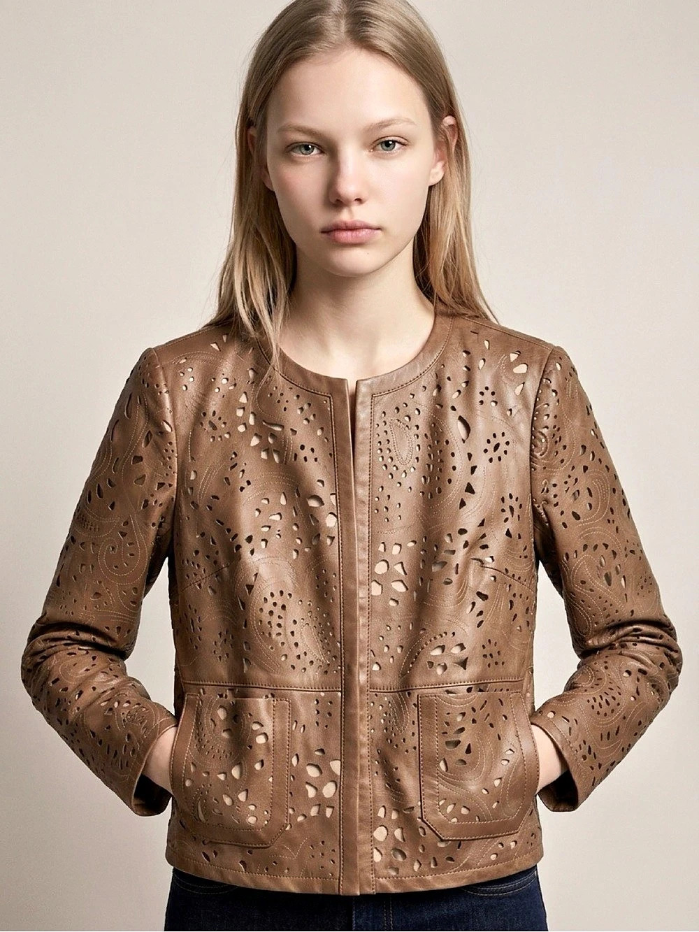 Civico 1 Laser Cut Paisley Faux Leather Jacket Brown